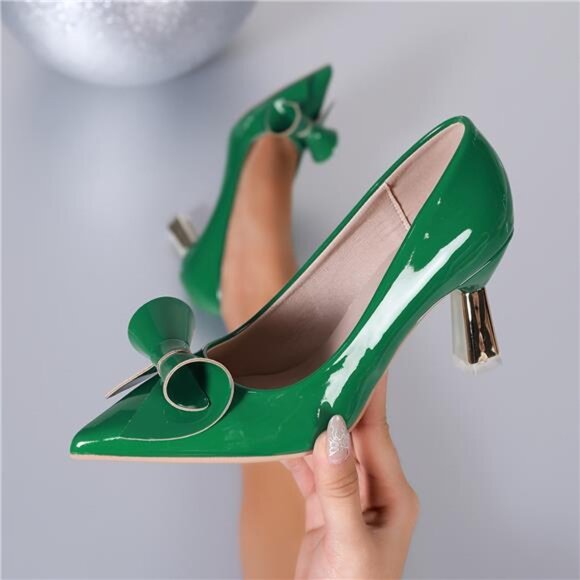 Elegant Green Bowknot‎ High Heels - Glossy Pointed Toe Pumps, Breathable Faux - Picture 4 of 9
